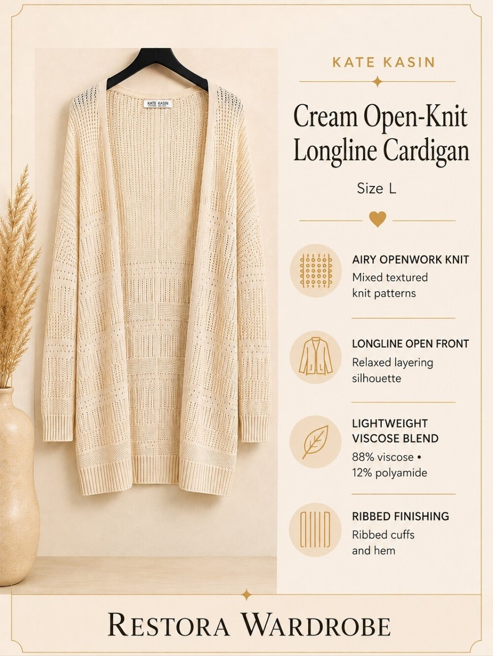 Kate Kasin Cream Open Knit Longline Cardigan Duster Boho Coastal L